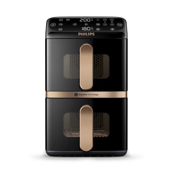 Air fryer Philips de cesto duplo em preto e bronze.