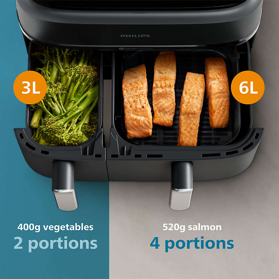 Airfryer Philips com legumes e salmão, capacidades 3L e 6L.