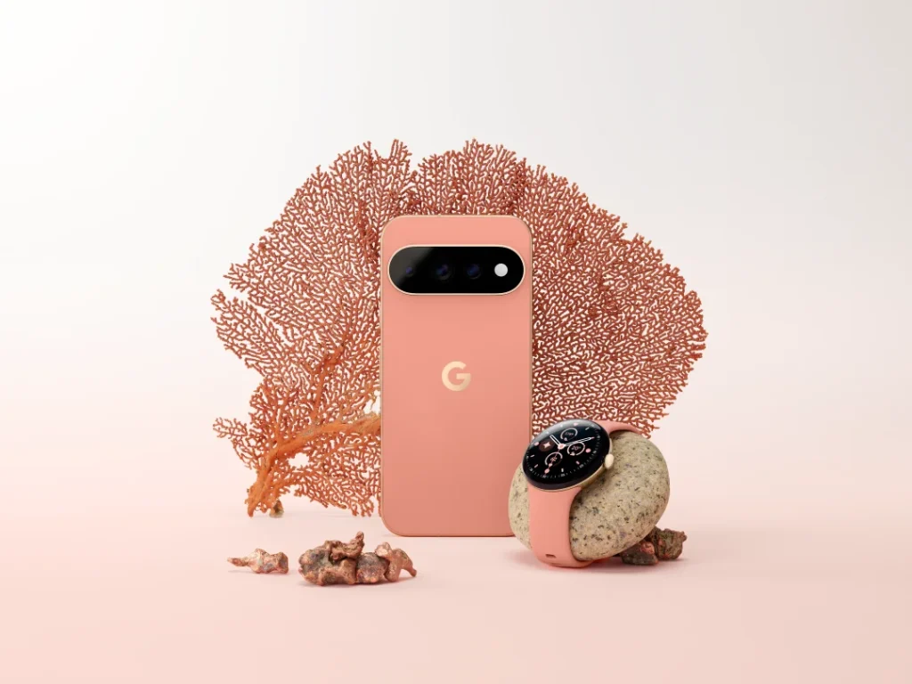 Smartphone e smartwatch Google Pixel em tons de coral.