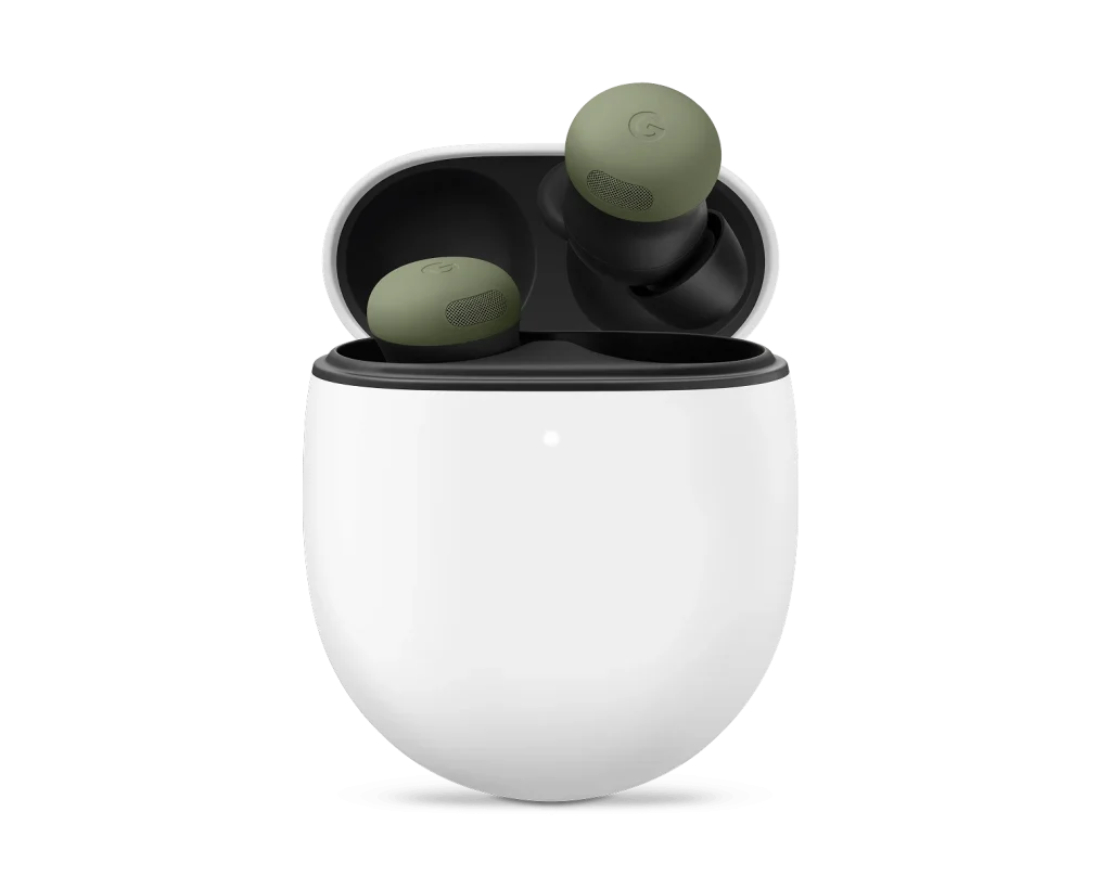 Auriculares Google Pixel Buds verde azeitona em estojo branco aberto.