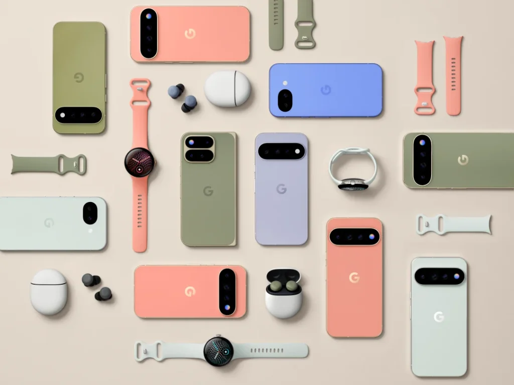 Vários dispositivos Google Pixel e acessórios em tons pastel organizados.