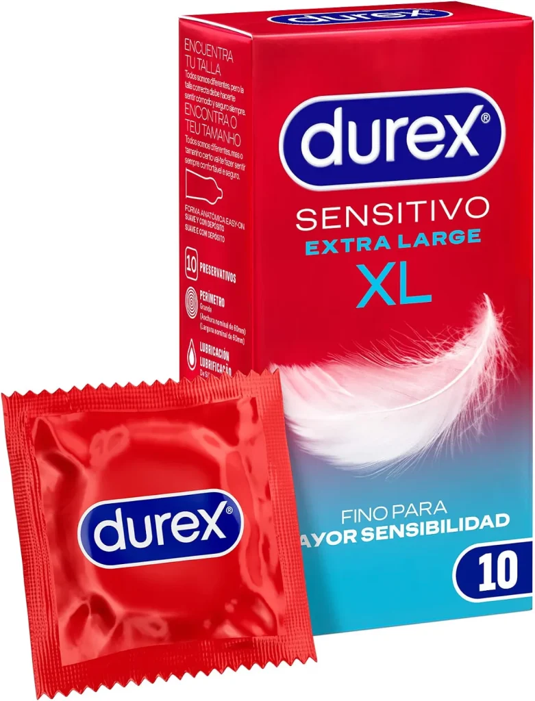Caixa vermelha e invólucro individual de preservativos Durex Sensitivo Extra Large XL exemplificando a largura nominal