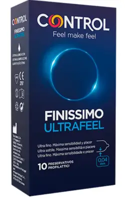 Caixa azul de preservativo ultrafino Control Finissimo Ultrafeel com um círculo luminoso e indicação de 0.04 milímetros.