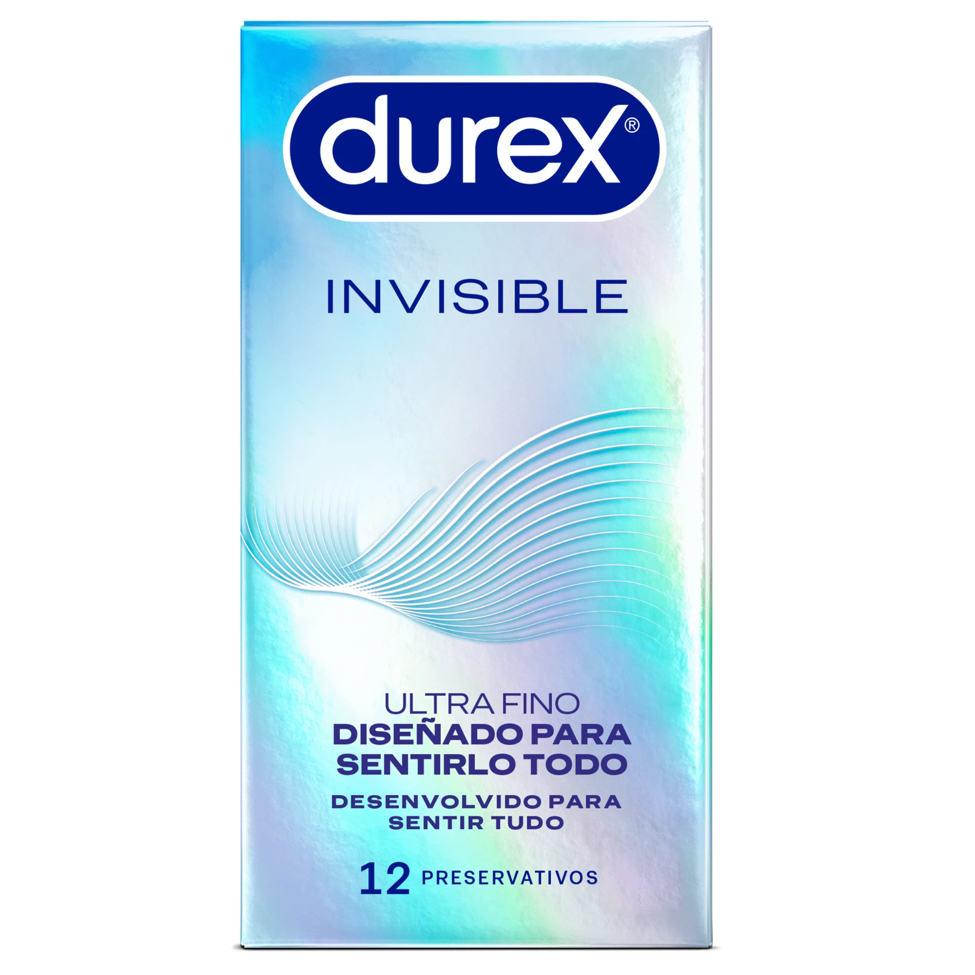 Caixa retangular azul e prateada de preservativo ultrafino da marca Durex linha Invisible com doze unidades.