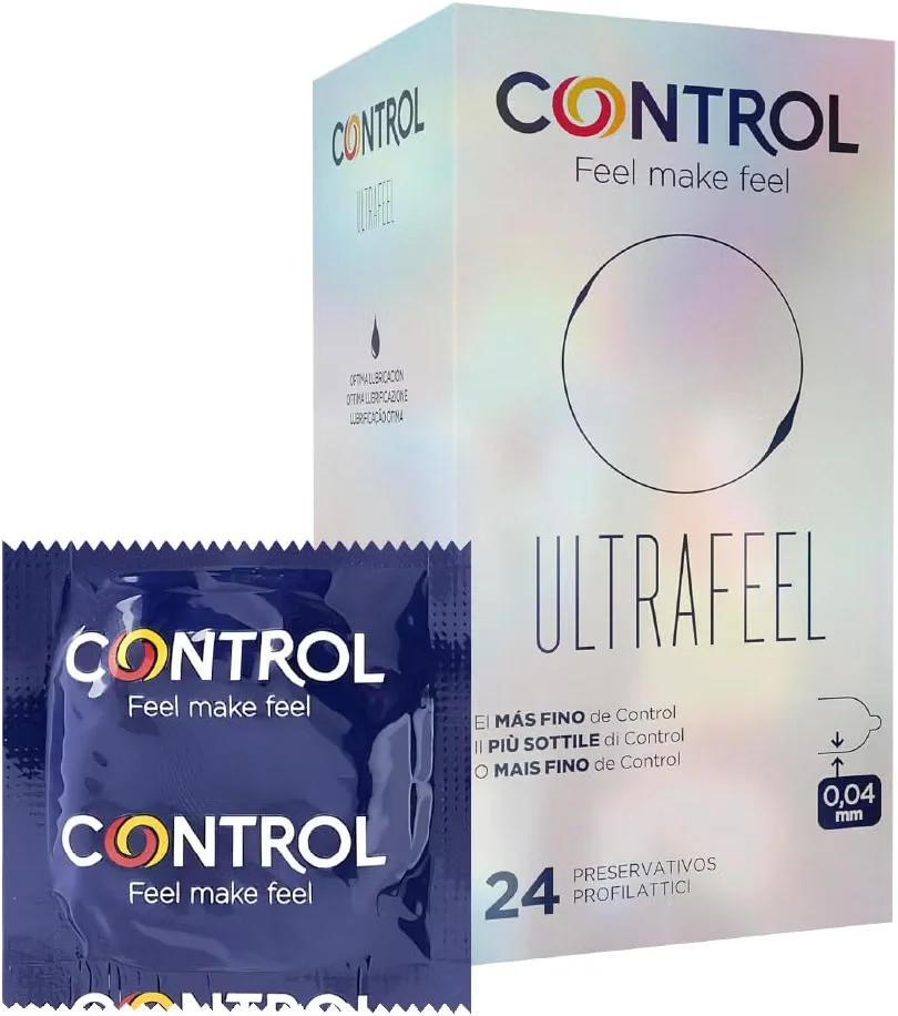 Caixa branca e embalagem individual azul de preservativos Control Ultrafeel para escolha da largura nominal