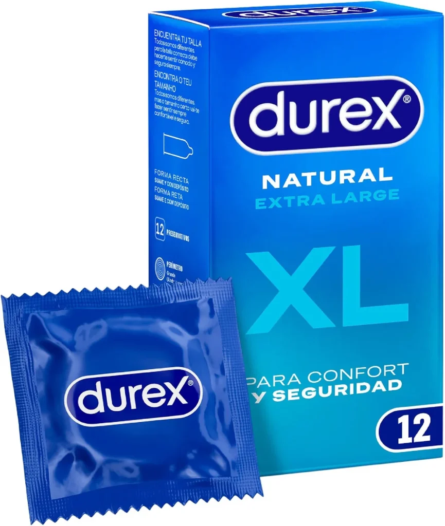 Caixa azul de preservativos Durex Natural Extra Large XL e um invólucro individual ilustrando o tamanho de preservativo adequado.