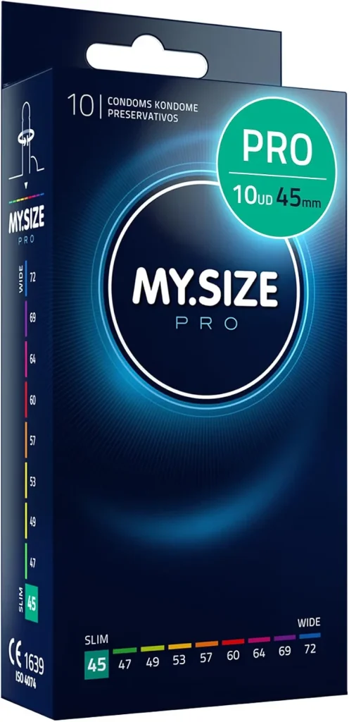 Embalagem azul de preservativos MY.SIZE PRO com a largura nominal de 45 milímetros.