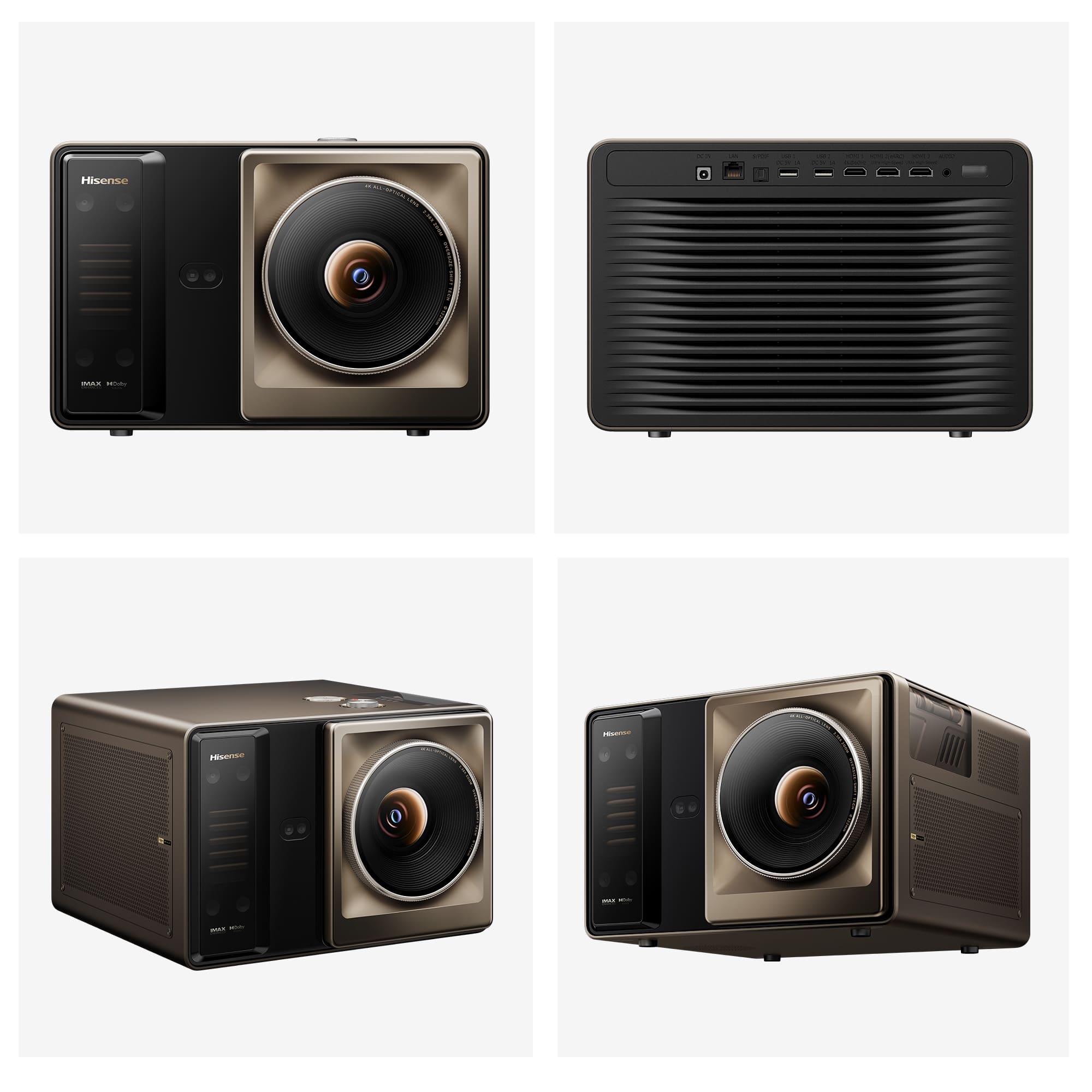 Quatro ângulos do projetor laser Hisense XR10 em tons de preto e bronze, destacando a lente frontal de grandes dimensões e o painel traseiro com múltiplas portas de ligação.