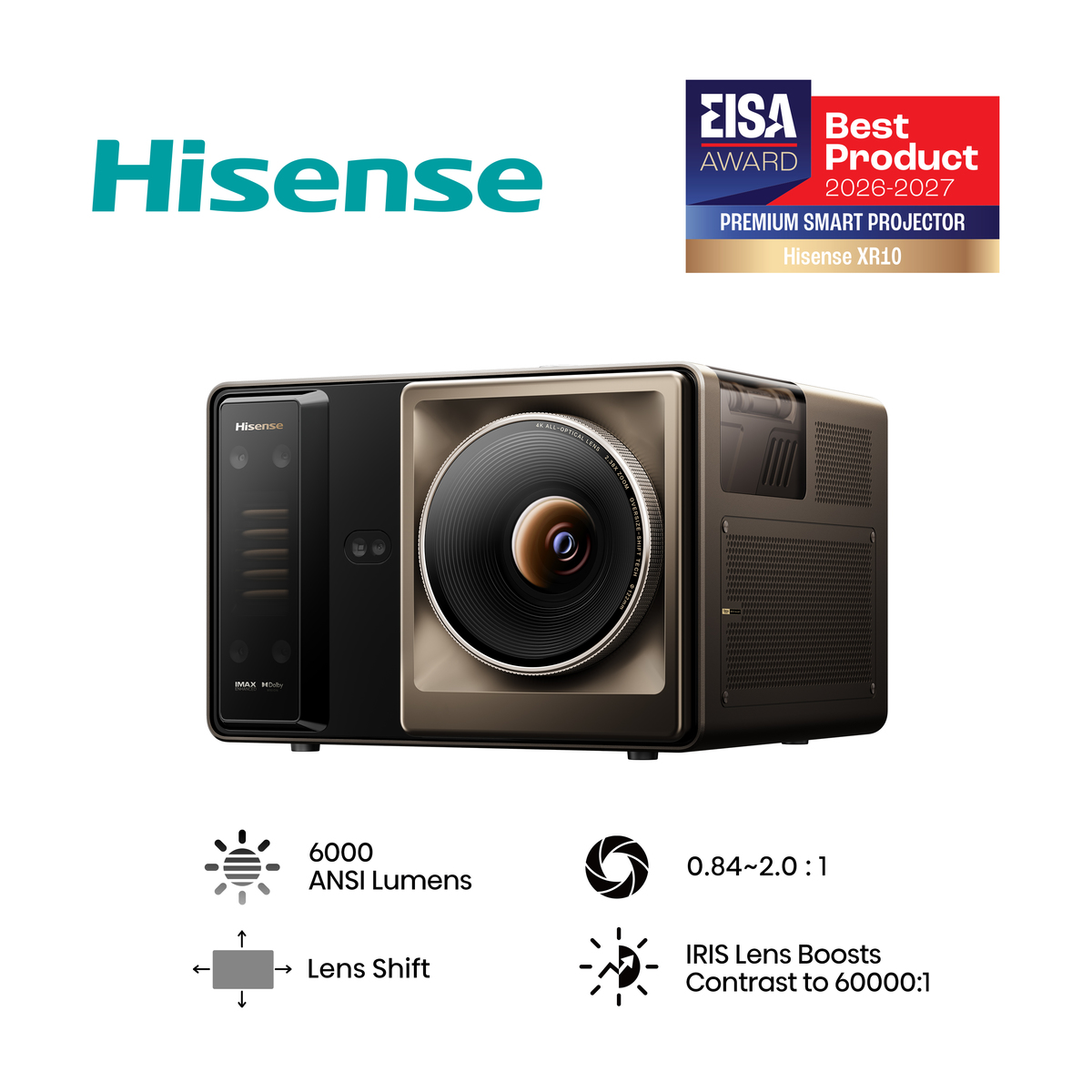 Projetor laser Hisense XR10 retangular em tons de preto e bronze com lente central, selo EISA Award e ícones de especificações