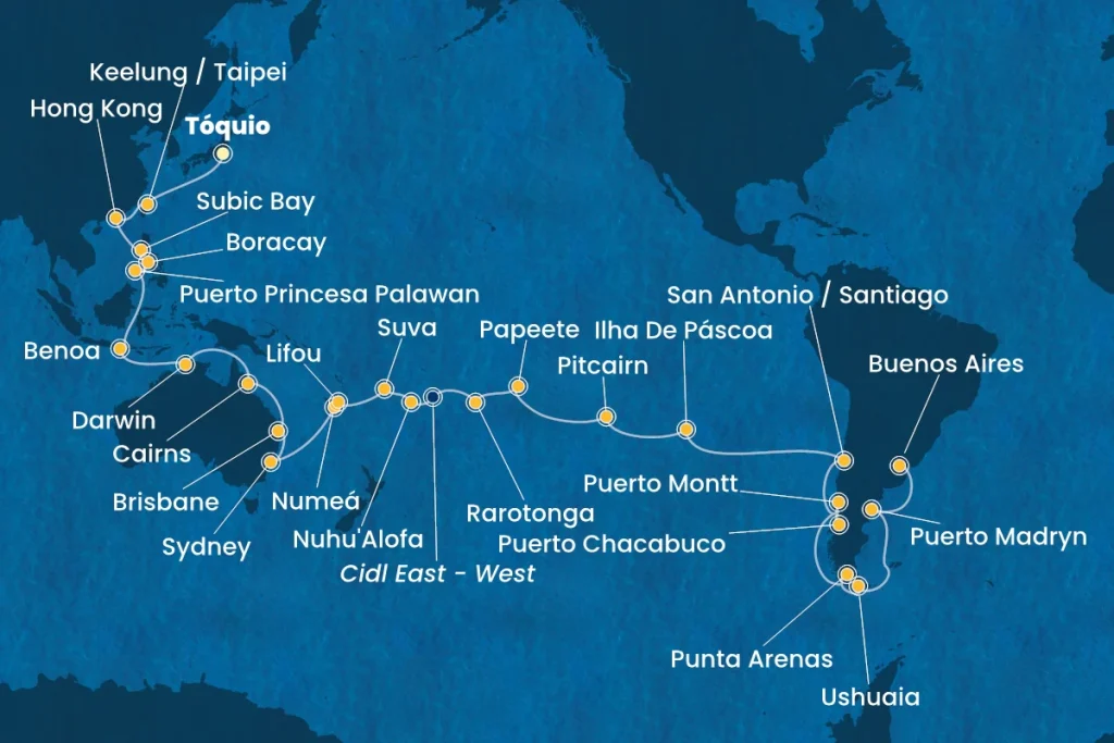 Rota de cruzeiro pelo Pacífico e América do Sul.