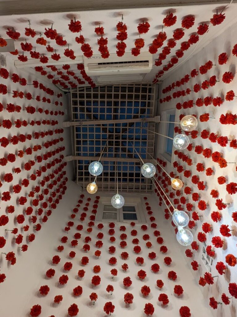 Teto decorado com flores vermelhas penduradas.