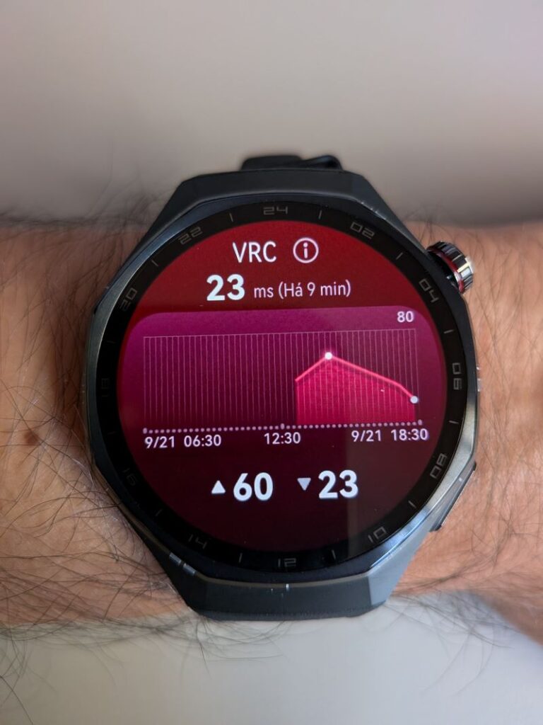 Huawei Watch GT6 Pro com gráfico de Variabilidade de Ritmo Cardíaco (VRC) em milissegundos