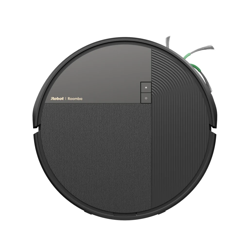 Aspirador robô Roomba Max 875 Combo preto visto de cima com painel texturizado e escova lateral