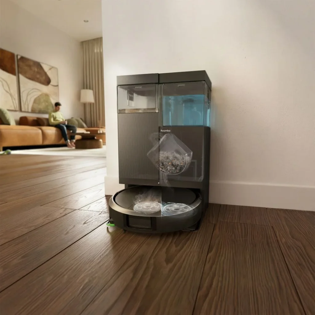 Aspirador robô Roomba na sua base de autoesvaziamento.