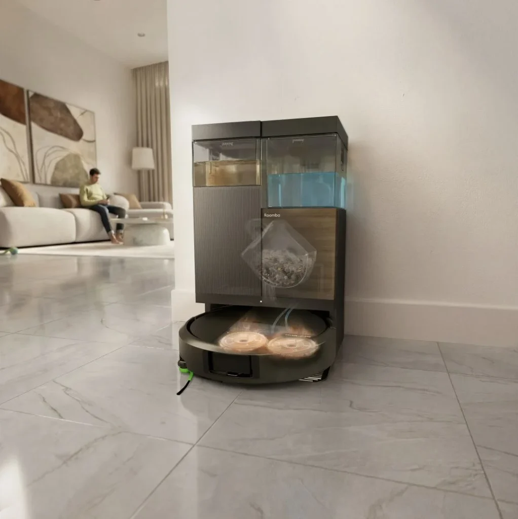 Robô aspirador Roomba na sua base de limpeza avançada.