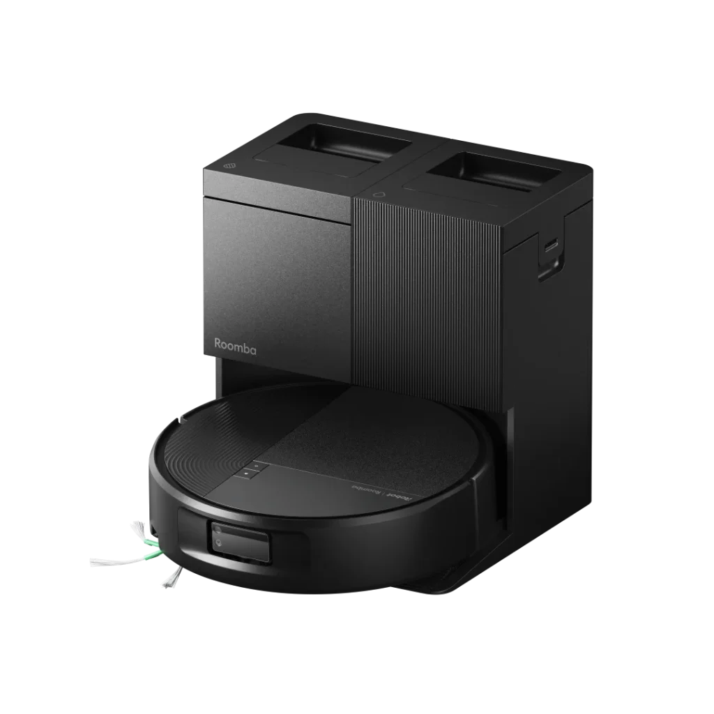 Aspirador robô Roomba preto acoplado à sua base de autolimpeza.
