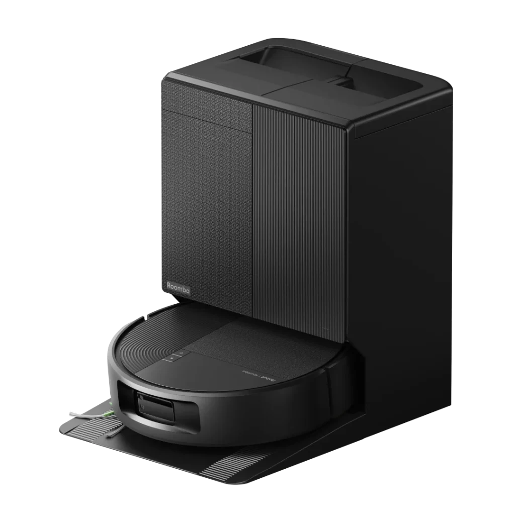 Aspirador robô Roomba preto na base de esvaziamento automático.