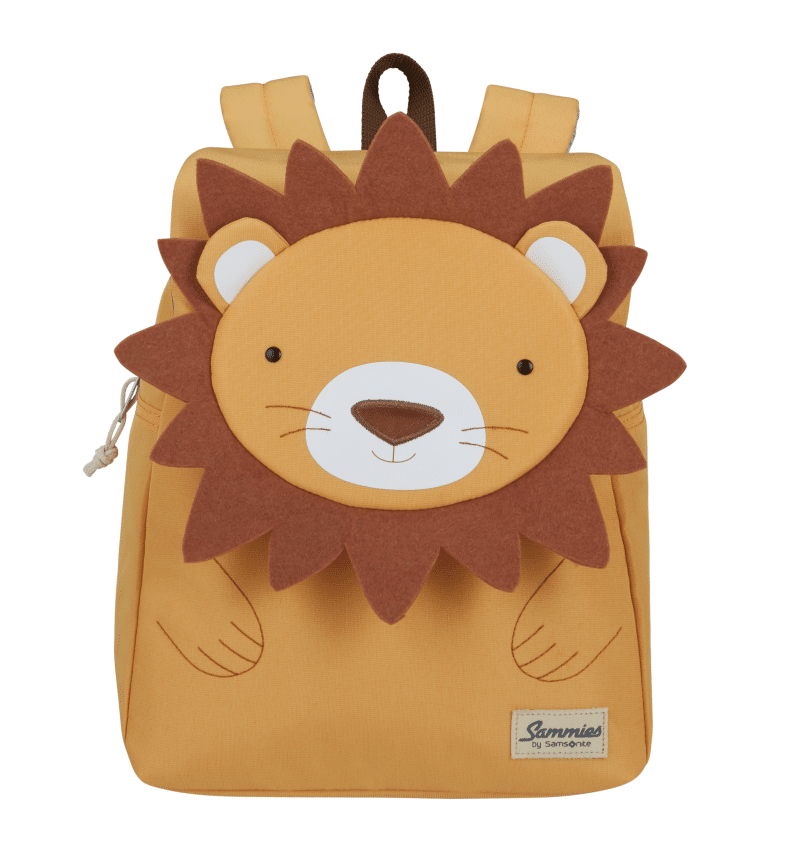 Mochila infantil amarela com leão estampado.