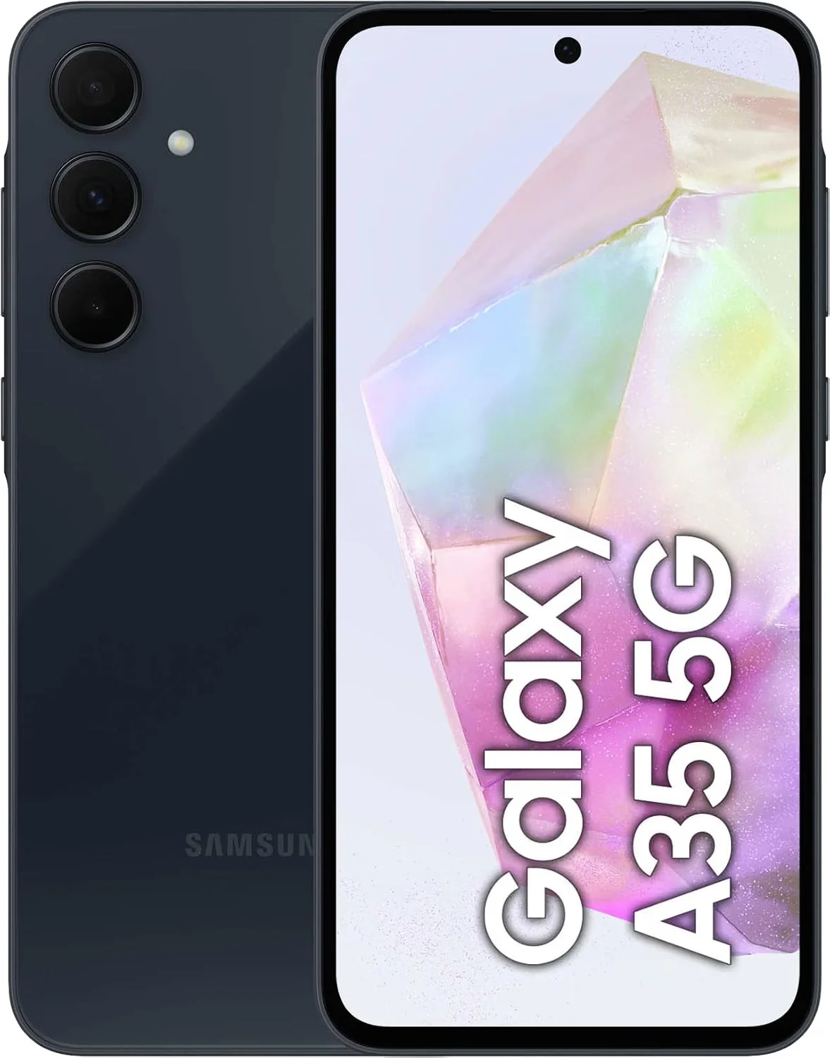 Smartphone Samsung Galaxy A35 5G azul escuro mostrando o ecrã OLED frontal e a traseira com três câmaras, uma excelente opção de telemóvel por menos de 300 euros.