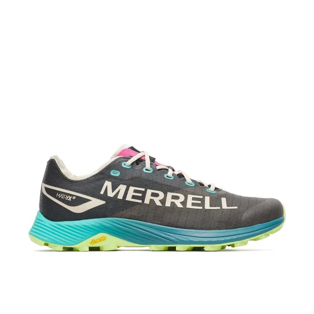 Sapatilhas de trail Merrell MTL Long Sky 2 Matryx em cinzento escuro com entressola azul e sola verde fluorescente