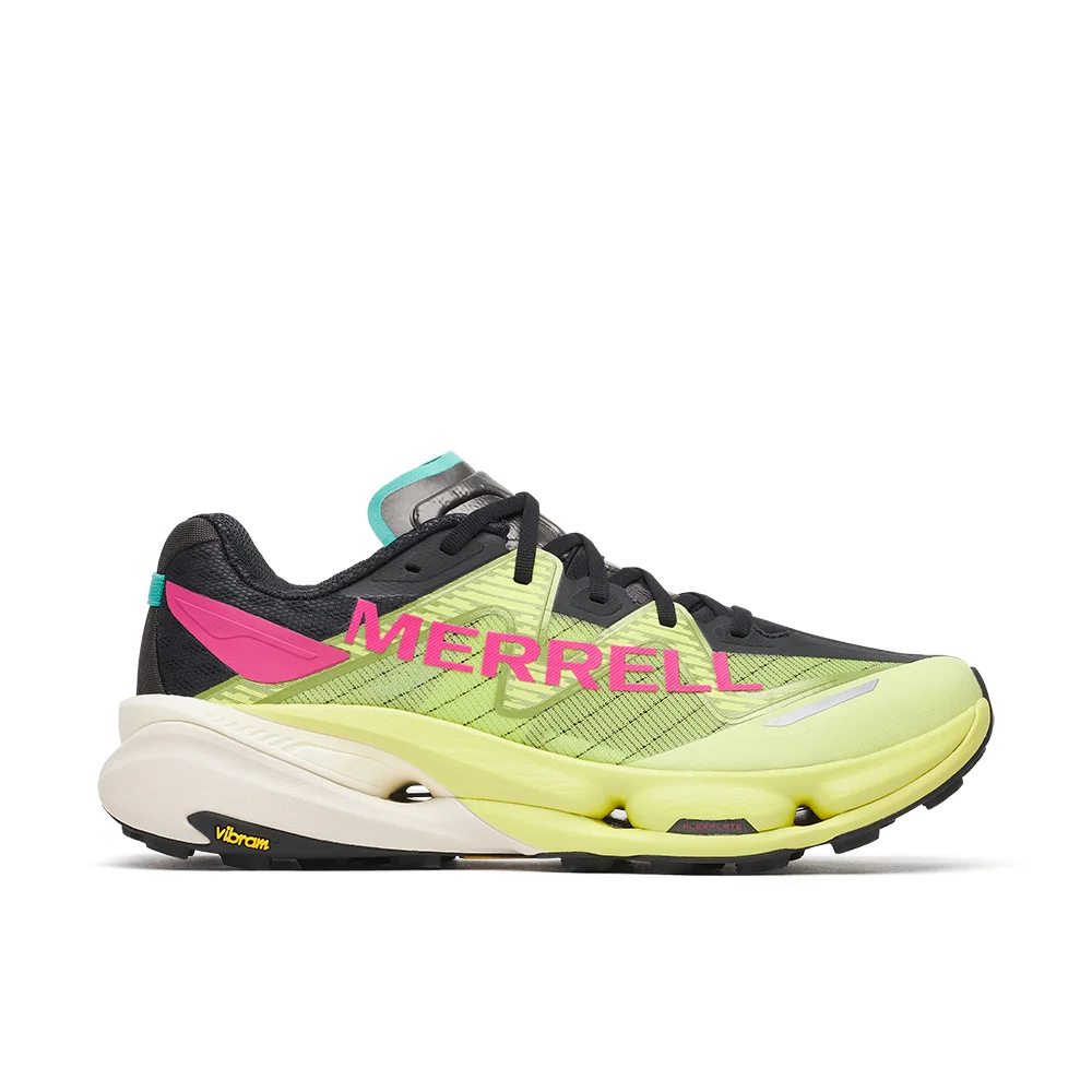 Sapatilha de trail Merrell MTL SpeedARC Peak com cabedal amarelo néon, detalhes em preto, logótipo rosa e sola grossa