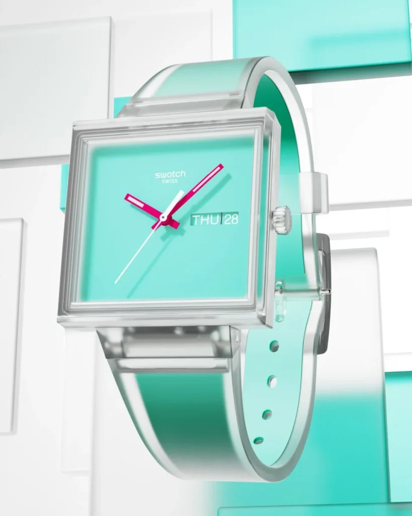 Relógio Swatch quadrado com mostrador turquesa e ponteiros rosa.