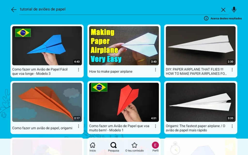 Resultados de pesquisa de vídeos sobre como fazer aviões de papel.