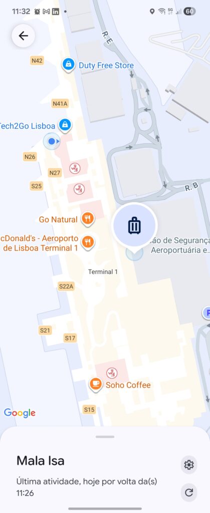 Mapa de localização de uma mala no aeroporto de Lisboa.