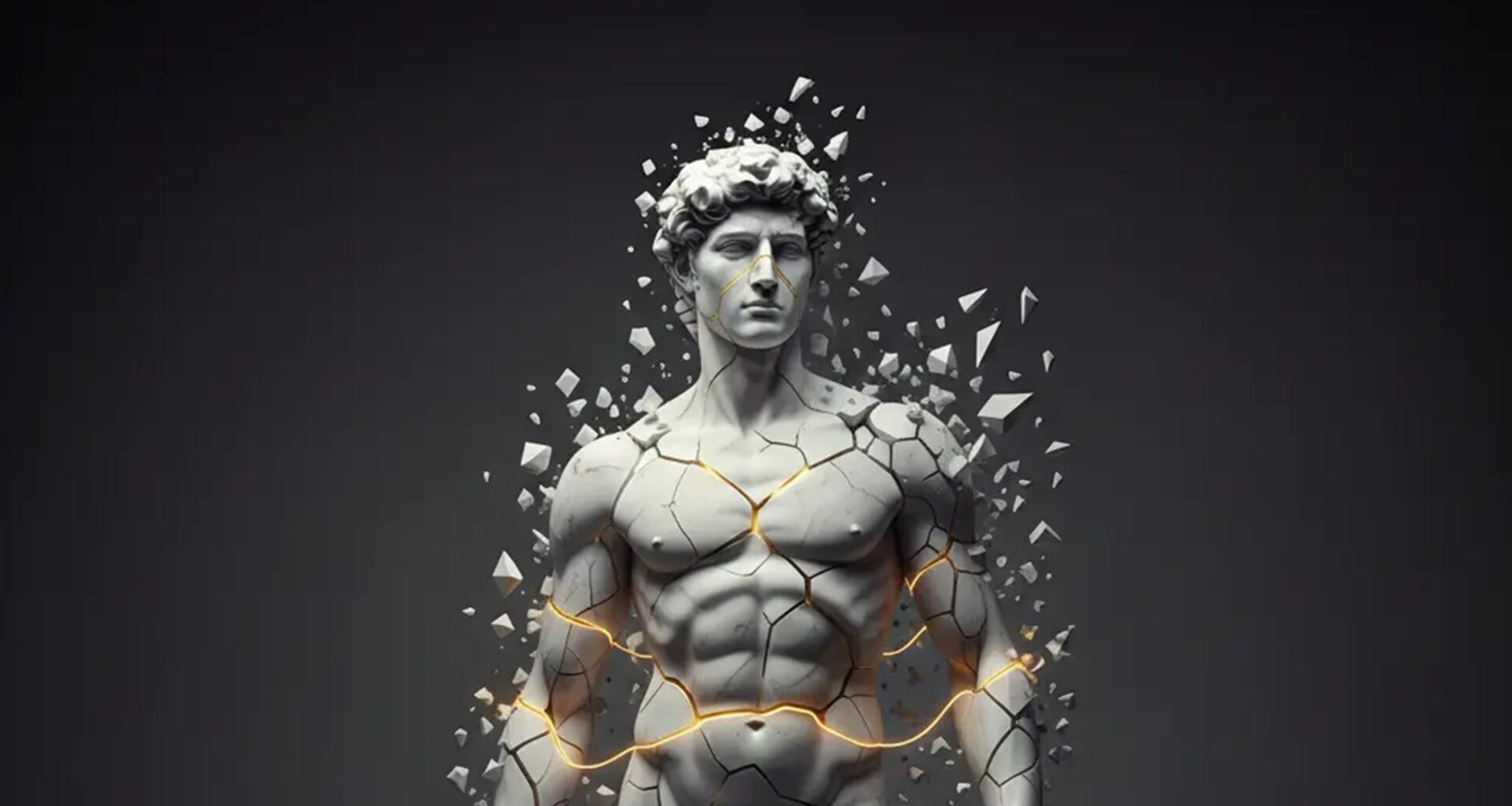 Estátua de mármore a quebrar-se em fragmentos.