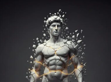 Estátua de mármore a quebrar-se em fragmentos.