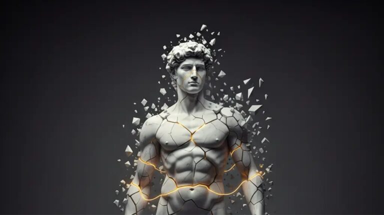 Estátua de mármore a quebrar-se em fragmentos.