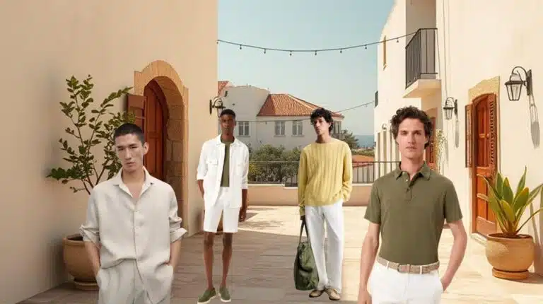 Homens em roupas casuais em zona urbana mediterrânica.