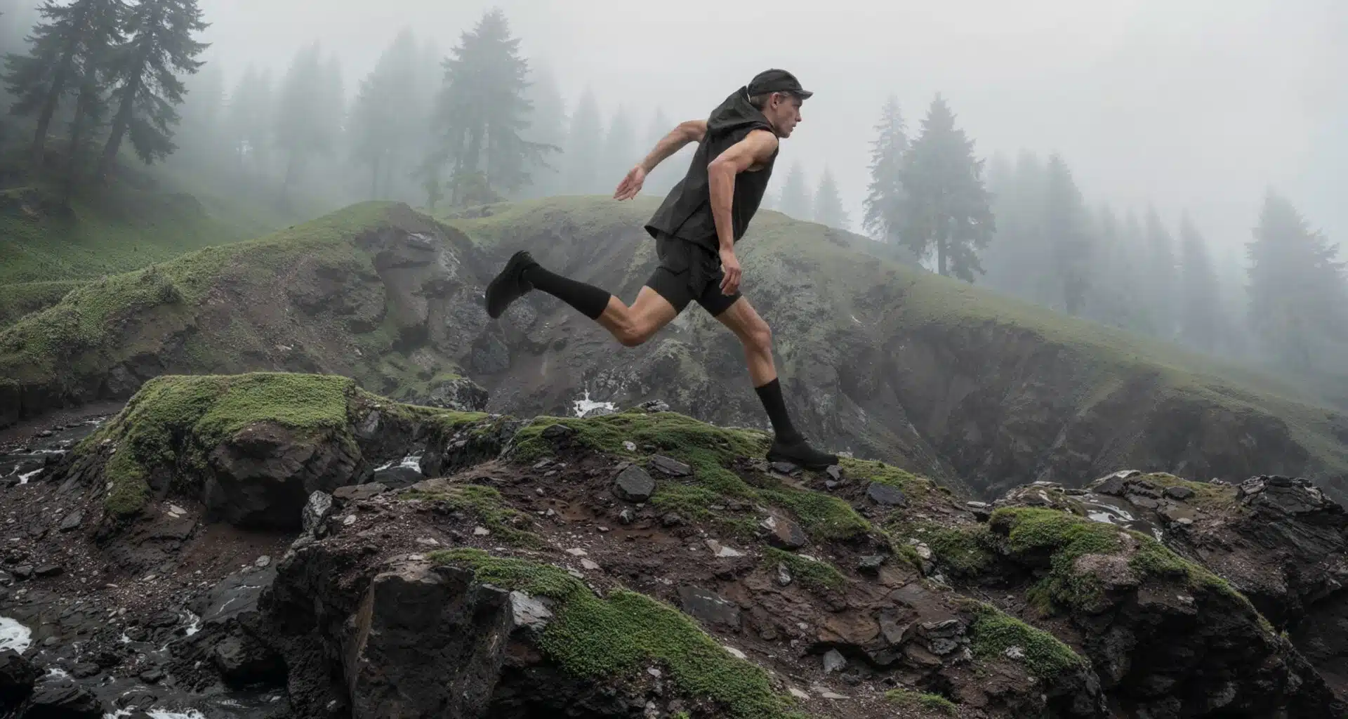 Homem a correr em montanha com neblina.