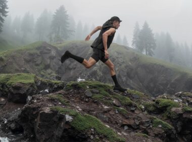 Homem a correr em montanha com neblina.