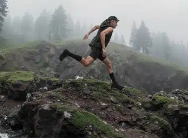 Homem a correr em montanha com neblina.