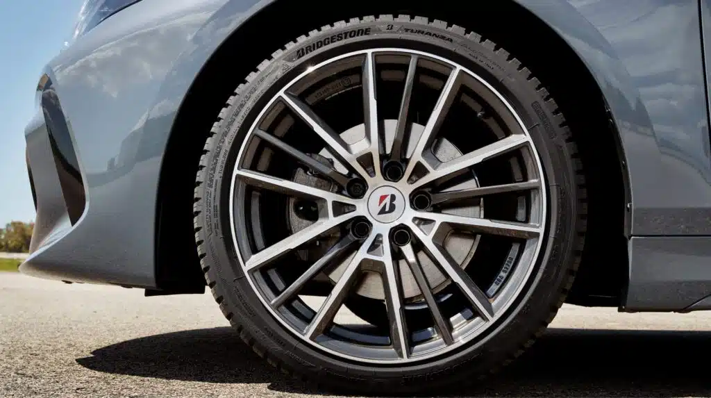 Pneu e jante de carro em detalhe, Bridgestone.