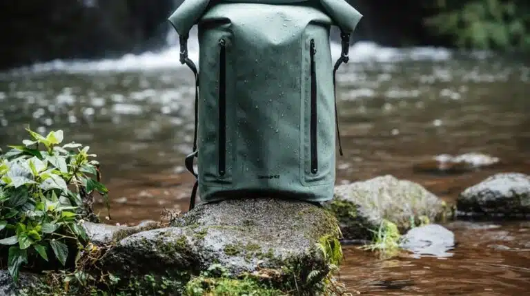 Mochila verde impermeável junto a um rio