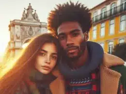 imagem de casal de namorados jovem, interracial, num passeio por lisboa, no inverno, com roupas quentes mas coloridas Gerado com IA ∙ 4 de janeiro de 2024 às 1:54 da tarde