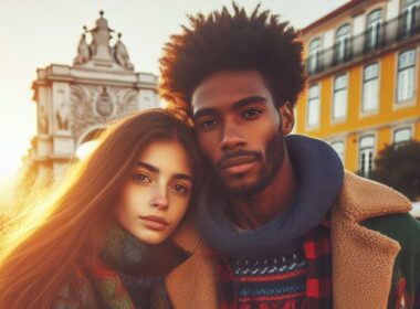 imagem de casal de namorados jovem, interracial, num passeio por lisboa, no inverno, com roupas quentes mas coloridas Gerado com IA ∙ 4 de janeiro de 2024 às 1:54 da tarde