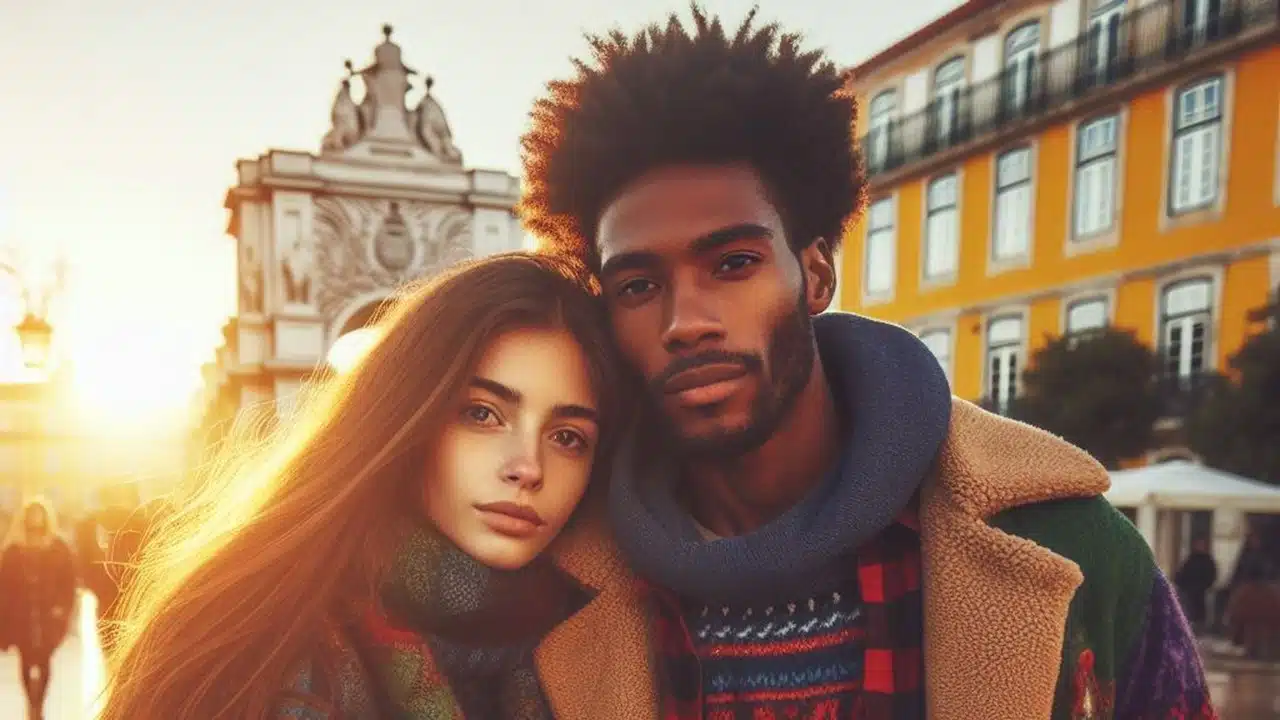 imagem de casal de namorados jovem, interracial, num passeio por lisboa, no inverno, com roupas quentes mas coloridas Gerado com IA ∙ 4 de janeiro de 2024 às 1:54 da tarde