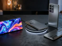 Vários smartphones cinzentos sobre uma mesa com carregador sem fios.