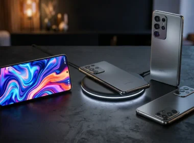 Vários smartphones cinzentos sobre uma mesa com carregador sem fios.