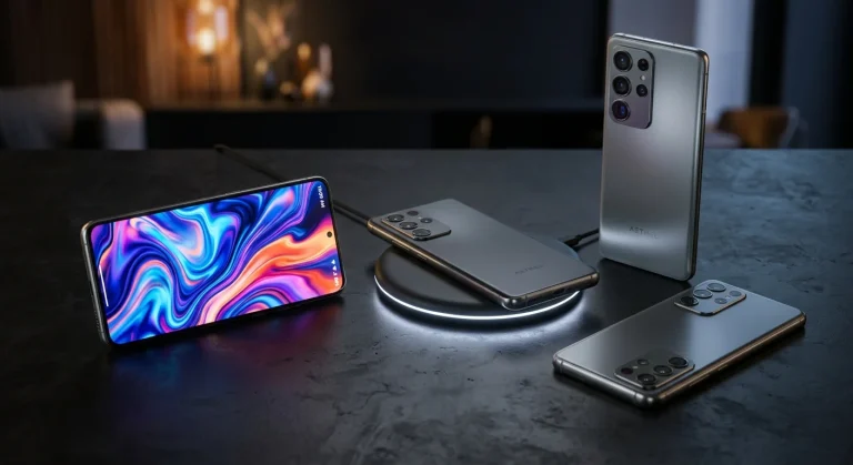 Vários smartphones cinzentos sobre uma mesa com carregador sem fios.