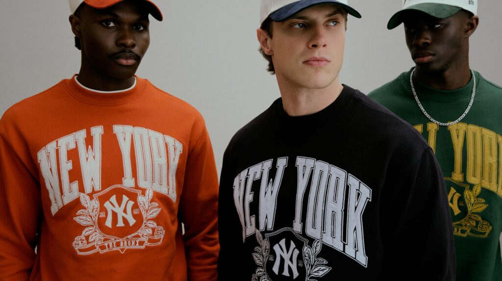 Três modelos masculinos vestem sweatshirts oversized e bonés 9FORTY da coleção de outono New Era com o logótipo New York Yankees em laranja, preto e verde