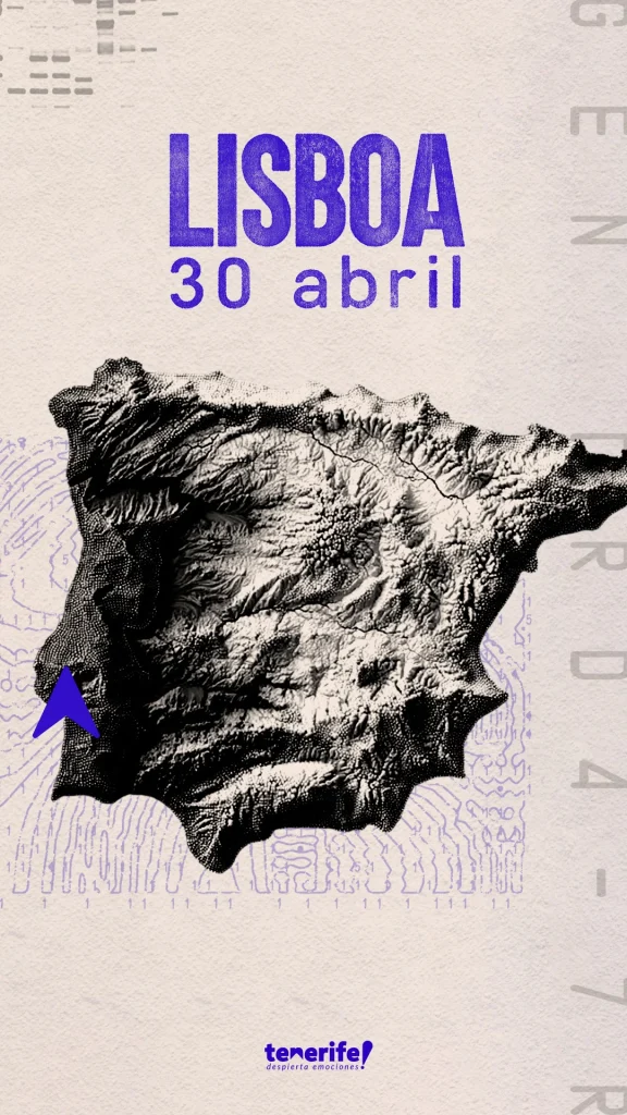 Cartaz oficial com um relevo ibérico a anunciar a chegada do projeto do Turismo de Tenerife a Lisboa no dia 30 de abril