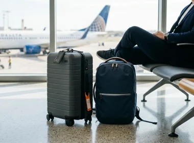 Mala cinzenta e mochila azul num terminal de aeroporto.