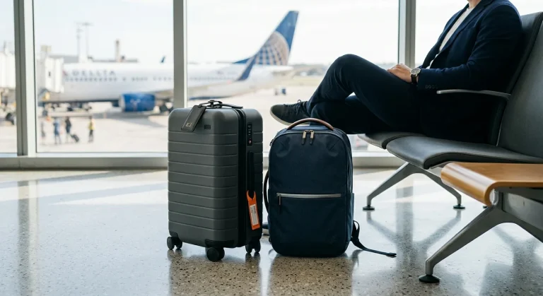 Mala cinzenta e mochila azul num terminal de aeroporto.