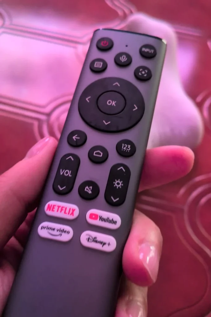 Mão a segurar um comando de televisão cinzento moderno.