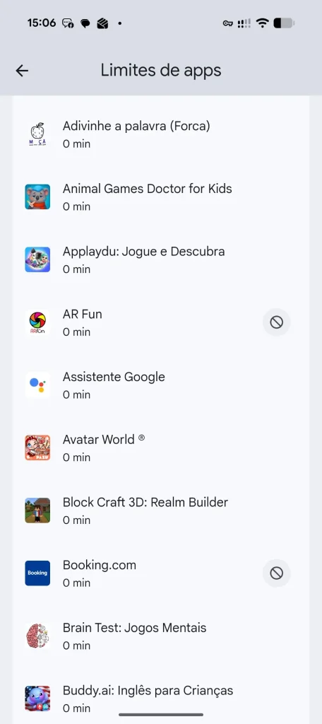 Interface do menu de limites de aplicações num telemóvel.