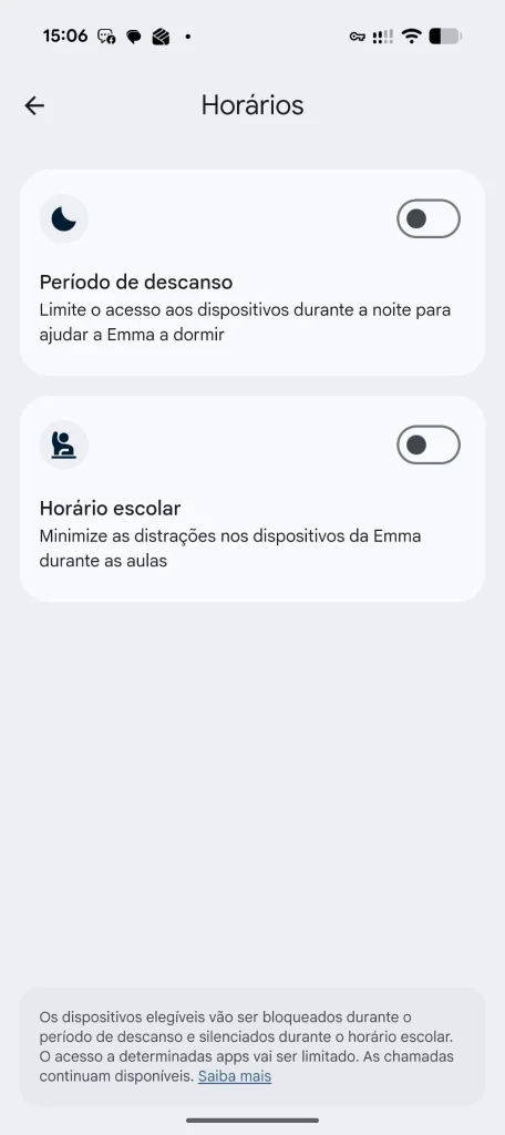 Interface de ecrã com definições de horários de controlo parental.